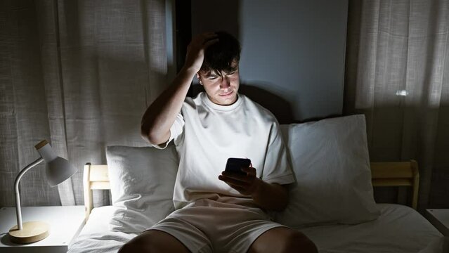 Young hispanic teenager using smartphone sitting on bed stressed at bedroom