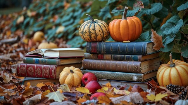 Serene autumn scene with a stack of books among a pumpkin harvest.