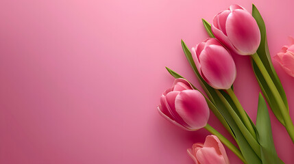 Pink Tulips on pink background, Copy space, Top view.	