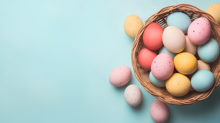 Naklejka na ściany i meble Colorful Easter eggs in a straw basket. Pastel colored background.