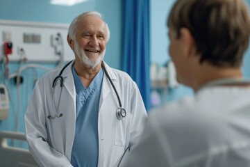 Elderly male doctor talking to patient at hospital