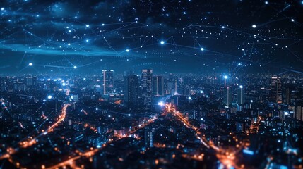 Night city background, world with digital technology network, internet and communication, advanced business and global communication technologies.