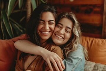 Two females hugging in a therapist office - obrazy, fototapety, plakaty