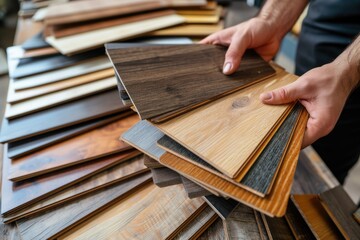 Man selecting laminate wood samples in a hardware store - obrazy, fototapety, plakaty