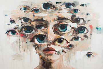 abstract surreal portrait painting of A woman with multiple eyes scattered across their face. surreal woman with many eyes