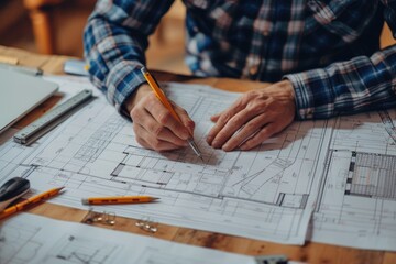 Architect reviewing blueprints with pencil and ruler on desk