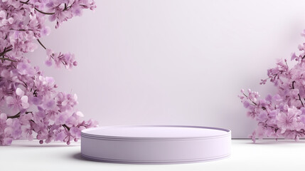 White podium for product display with lilac flowers on a lilac background