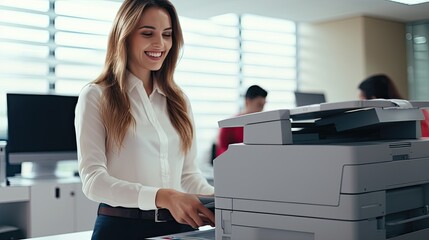 Smiling woman working in office with printer. Office worker prints paper on multifunction laser printer. Secretary work. Copy, print, scan, and fax machine - obrazy, fototapety, plakaty