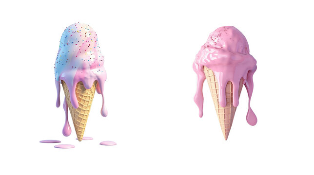 Ice cream melting on white background. Creative idea minimal  concept. 3d render, pink and pastel color, .png isolated on white.