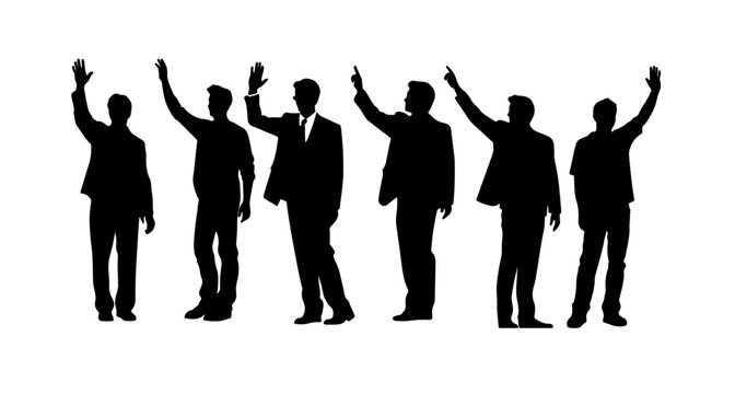 Man Waving Hand, Hand Raised. Silhouettes Waving With Hands, Great Set Collection Clip Art Silhouette , On White Background.