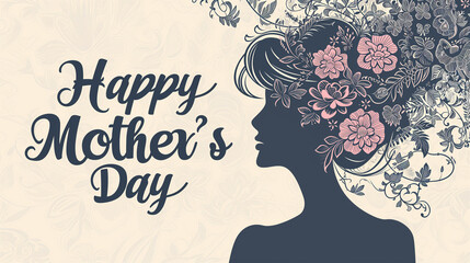 vector silhouette of a woman with flowers in her hair and the calligraphic inscription "Happy Mother's Day"