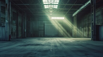 Obraz premium Empty warehouse with glimpses of daylight.