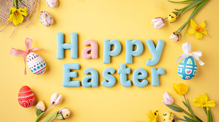 Easter card on a pale yellow background with plush "Happy Easter" letters and Easter eggs