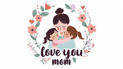 Holiday card for Mother's Day on a white background, vector drawing of a mother hugging a child and the inscription 