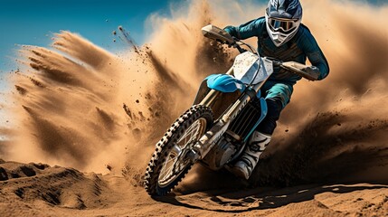 Daring off road motocross motorbike soaring over stunning canyon with clear blue sky trail