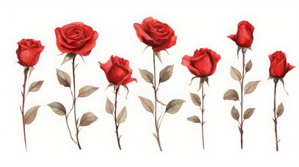 Set of red roses isolated on white background. watercolor illustration