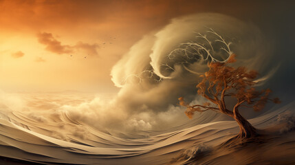 impressive abstract asian inspired wind is blowing artwork with ocean wave and a tree