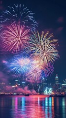 Fototapeta premium An enchanting display of fireworks illuminates the night sky over the city.
