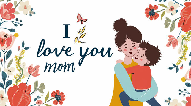 Holiday card for Mother's Day on a white background, vector drawing of a mother hugging a child and the inscription "I love you mom"