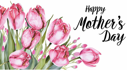 Fototapeta premium Holiday card for Mother's Day on a white background with watercolor pink tulips and the inscription 