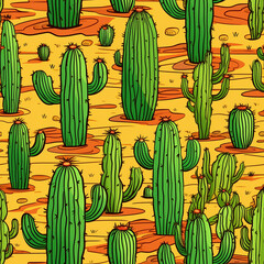 Hand drawn cactus plant doodle seamless pattern. Vintage style cartoon cacti houseplant background. Nature desert flora texture, mexican garden print. Natural interior graphic decoration wallpaper