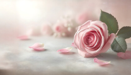 Single Pink Rose with Scattered Petals

