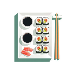 Top view of transparent colourful sushi set illustration.