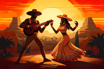 Mexican mariachi musician and woman dancer, Viva Mexico concept.