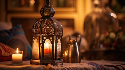 Fototapeta na wymiar Ramadan Lantern Islamic Ornament Blurry Bokeh Background