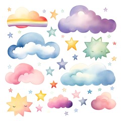 set of weather icons watercolor style clouds and stars colored