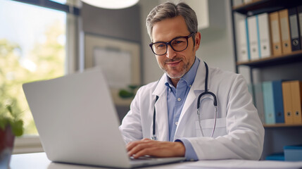 Scientist Working on Laptop in White Lab Coat. Generative AI.