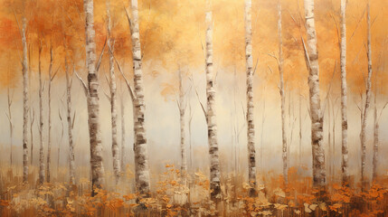 Abstract oil painting of colorful autumn forest, acrylic paint on canvas texture. Fall, autumn season nature background.