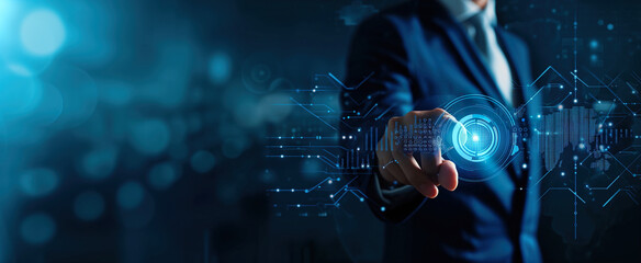 Man in Suit Interacts With Virtual Interface, Touching Screen for Digital Data. Generative AI.