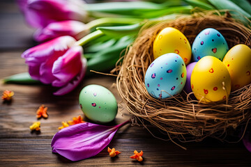 Obraz na płótnie Canvas Easter nest with colorful Easter eggs and tulips on a wooden background. Close-up. Place for text