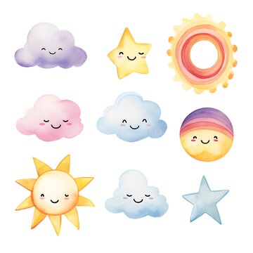 cute watercolor weather icons set clouds, sun, stars