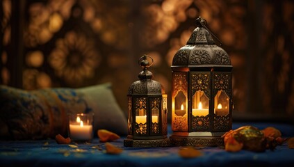 Fototapeta premium Ramadan Lantern Islamic Ornament Blurry Bokeh Background