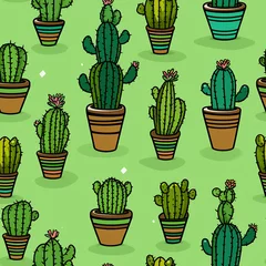 Tuinposter Cactus in pot Hand drawn cactus plant doodle seamless pattern. Vintage style cartoon cacti houseplant background. Nature desert flora texture, mexican garden print. Natural interior graphic decoration wallpaper