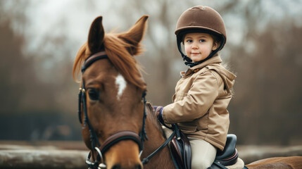 Fototapeta premium a child in a jockey's uniform rides a horse, horse riding, boy, girl, kid, hippodrome, rider, equestrian, horse racing, stable, sport, dressage, animal, saddle, helmet, training, nature
