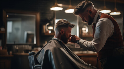 Man hairdresser cutting hair in a barbershop - obrazy, fototapety, plakaty