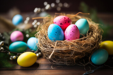 Easter nest with colorful Easter eggs and tulips on wooden background