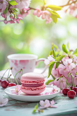 Fototapeta na wymiar cherry macaron on the table in the spring garden