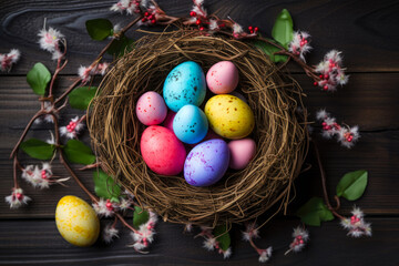 Fototapeta na wymiar Easter nest with colorful Easter eggs and tulips on wooden background