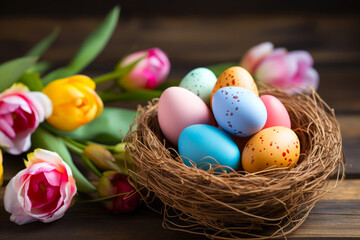 Obraz na płótnie Canvas Easter nest with colorful Easter eggs and tulips on wooden background