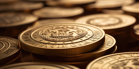 Shiny Metallic Wealth: A Close-Up of a Golden British Coin Stack on a Background of Gold and Silver Bullion