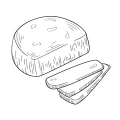 Suluguni Sakartvelo cheese in line art, hand drawn style. Cut slices of delicious soft cheese. Vector illustration isolated on a white background.
