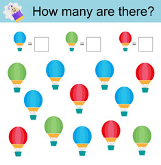 Math activity for kids. Developing numeracy skills. Cartoon hot air balloon.