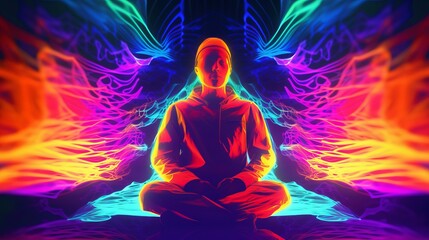 Fototapeta na wymiar Silhouette of a man in the lotus position with a bright neon aura of energy on a black background, symbolizing meditation and chakras. Concept: spirituality, yoga and energy practice 