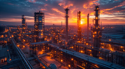 Sunset View of an Oil Refinery. Generative AI.