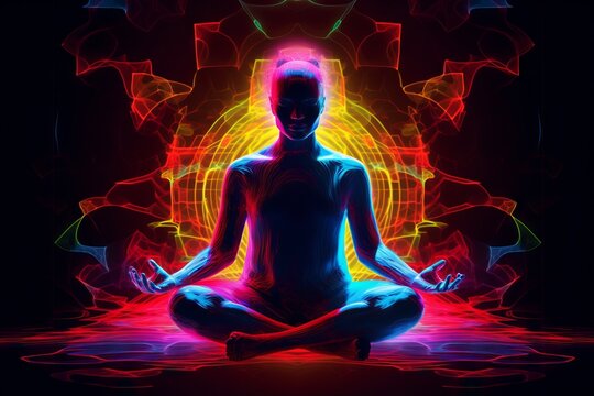 Silhouette of a man in the lotus position with a bright neon aura of energy on a black background, symbolizing meditation and chakras. Concept: spirituality, yoga and energy practice
