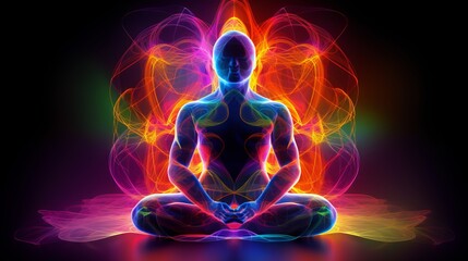 Silhouette of a man in the lotus position with a bright neon aura of energy on a black background, symbolizing meditation and chakras. Concept: spirituality, yoga and energy practice
